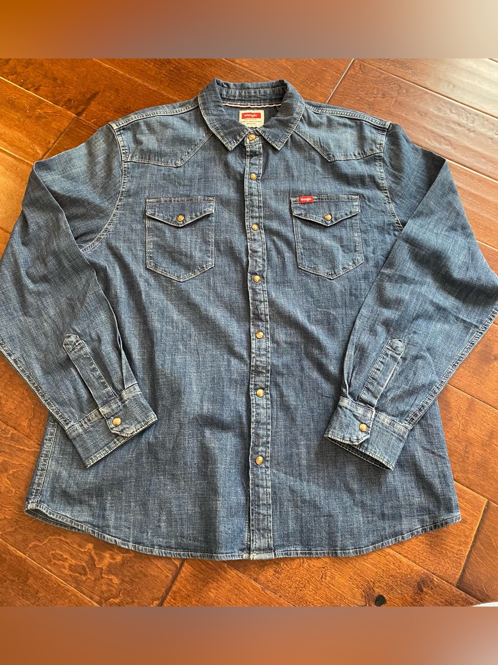Wrangler Denim Western Pearl Snap Shirt XL Long Sleeve Blue Cotton Stretch